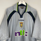 2001/02 Aston Villa away shirt by Diadora in excellent condition, size XXL. Features team badge and vibrant collar design.