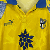 1995/97 Parma L/S Home Shirt by Puma, medium size, vibrant yellow fabric, vintage football memorabilia with minor wear.