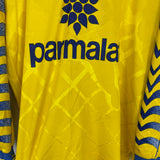 1995/97 Parma L/S home shirt by Puma in yellow with blue logo, vibrant colors, and minor pinholes, size M.