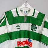 1991/92 Celtic home shirt in green and white stripes, size XL, by Umbro, in excellent condition.