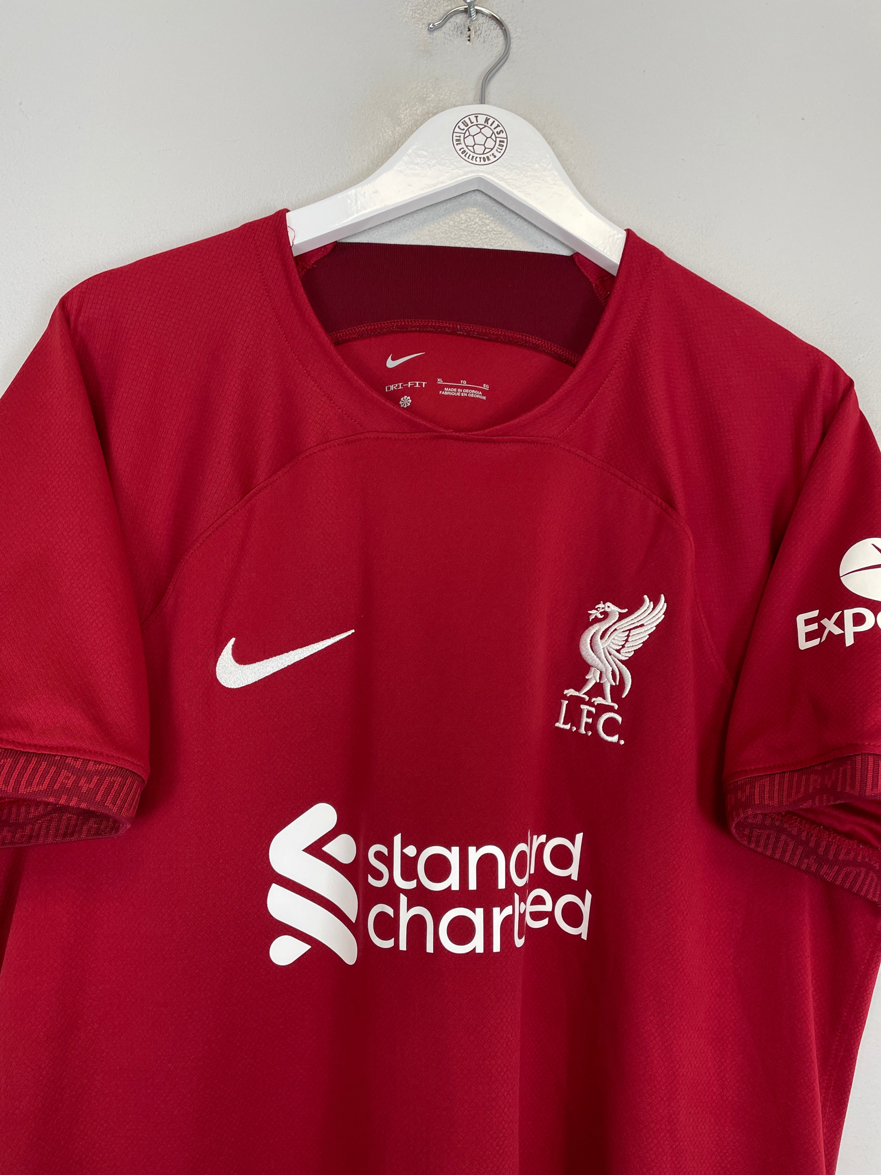 2022/23 Liverpool Thiago #6 home shirt in red by Nike, featuring LFC badge and Standard Chartered logo, size XL.