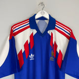 1990/92 France home shirt by Adidas in large size, featuring iconic blue and red design, excellent condition, vintage football apparel.