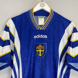 1996/98 Sweden away shirt by Adidas, medium size, in excellent condition with vibrant blue and yellow design.