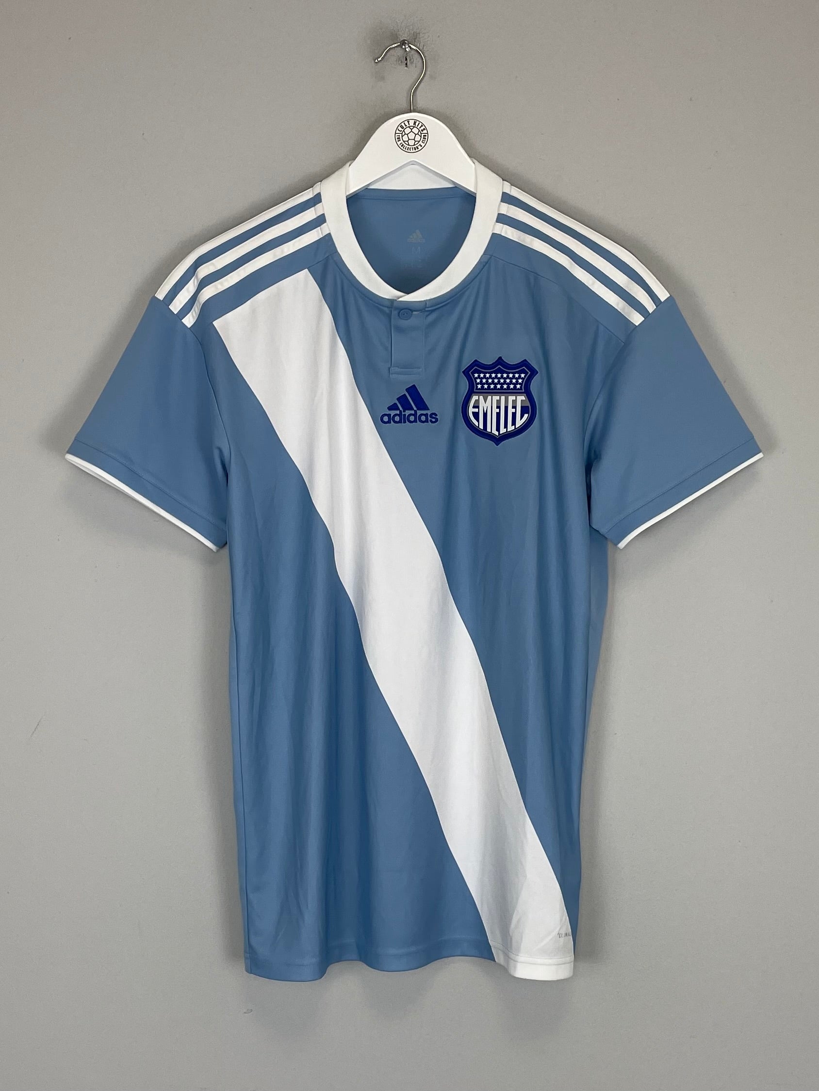 2018/19 Emelec home shirt in light blue by Adidas, size medium, featuring team logo and white diagonal design.