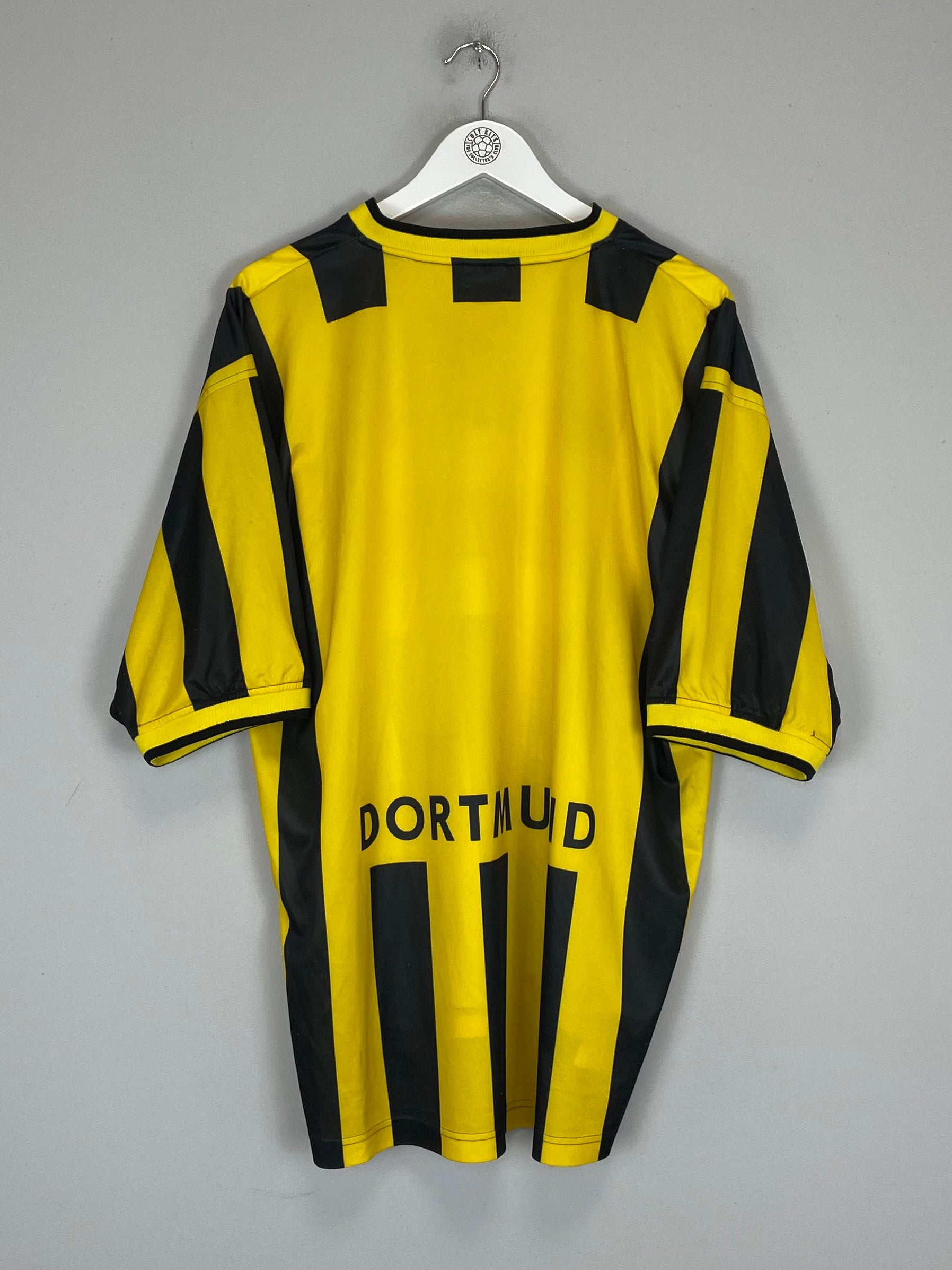 Borussia Dortmund 2000/02 home shirt in yellow and black, size XL, showing the back design with 'DORTMUND' printed.