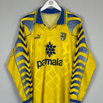 1995/97 Parma L/S home shirt in vibrant yellow, medium size by Puma, featuring unique design and minor pinholes.