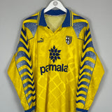 1995/97 Parma L/S home shirt in vibrant yellow, medium size by Puma, featuring unique design and minor pinholes.