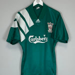 1992/93 Liverpool Centenary away shirt in green by Adidas, size medium, featuring Carlsberg logo and faint badge marks.