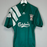 1992/93 Liverpool Centenary away shirt in green by Adidas, size medium, featuring Carlsberg logo and faint badge marks.