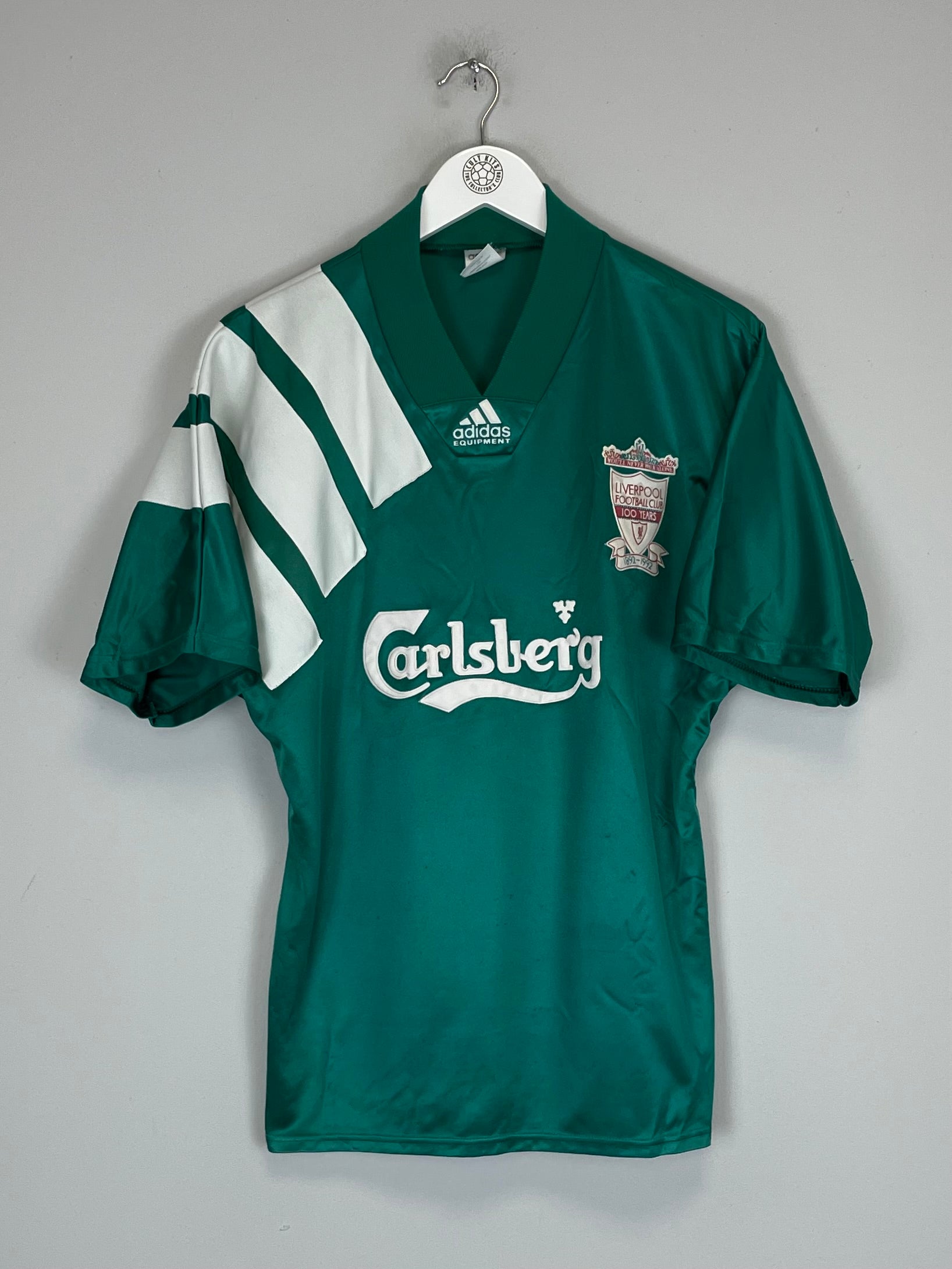 1992/93 Liverpool Centenary away shirt in green by Adidas, size medium, featuring Carlsberg logo and faint badge marks.