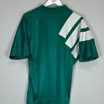 Back view of 1992/93 Liverpool Centenary away shirt in medium size, featuring Adidas stripes and green color.