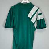 Back view of 1992/93 Liverpool Centenary away shirt in medium size, featuring Adidas stripes and green color.