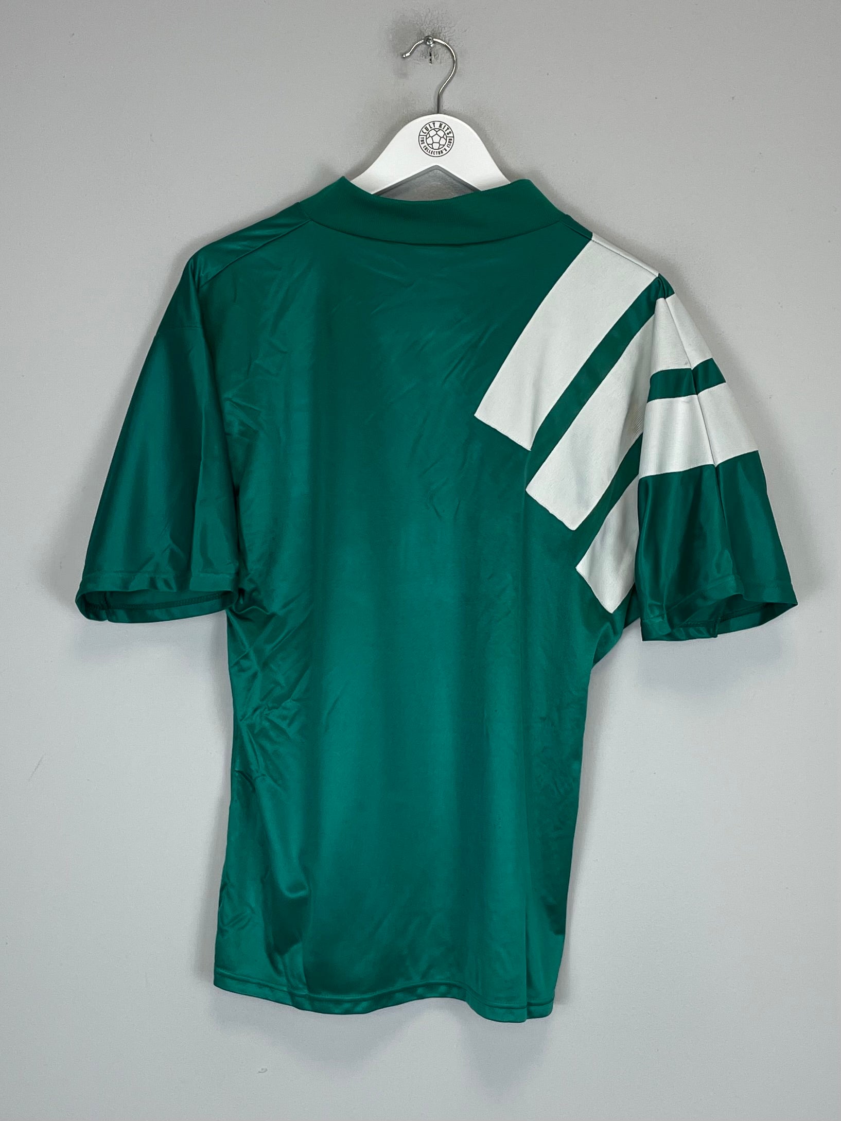 Back view of 1992/93 Liverpool Centenary away shirt in medium size, featuring Adidas stripes and green color.