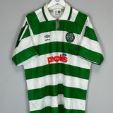 1991/92 Celtic home shirt XL by Umbro, featuring green and white stripes, in excellent condition. Product code: CELU44031.