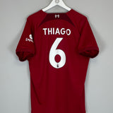 2022/23 Liverpool Thiago #6 home shirt in red, size XL, manufactured by Nike, displayed on a hanger.