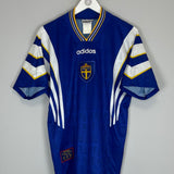 1996/98 Sweden Away Shirt by Adidas in medium size, blue with white and yellow stripes, excellent condition.