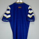 Back view of 1996/98 Sweden Away Shirt by Adidas, size Medium, in excellent condition, showcasing blue and white design.