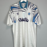 1991/93 Napoli away shirt by Umbro, size XL, featuring unique blue and white design, excellent condition.